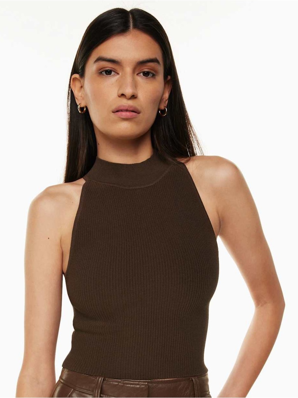 ARITZIA Babaton Sculpt Knit Mockneck Halter Top | Brown - SIZE SMALL